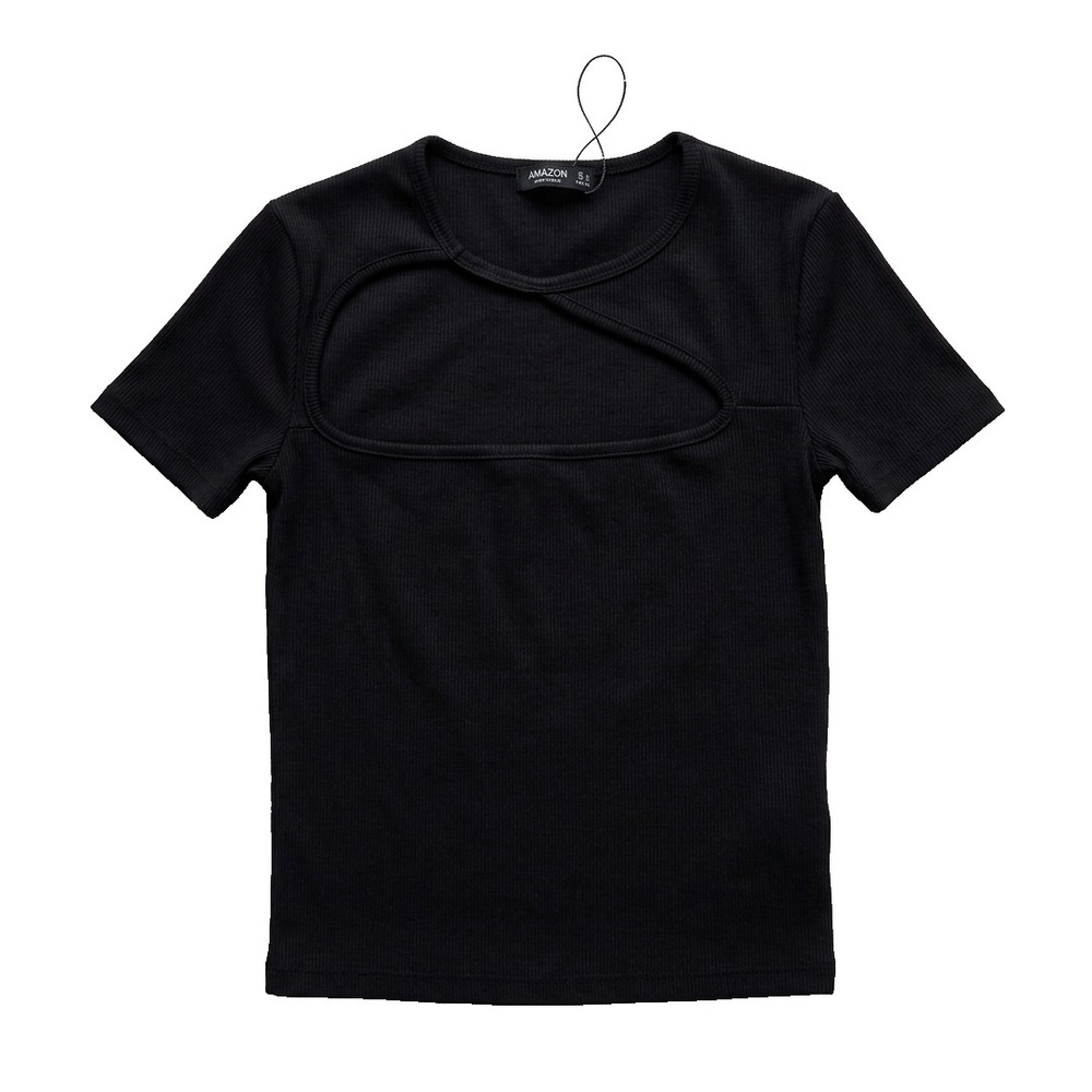 Stradivarius Women Black Ribbed Cutout Crop Top Short Sleeve Asymmetric Size S